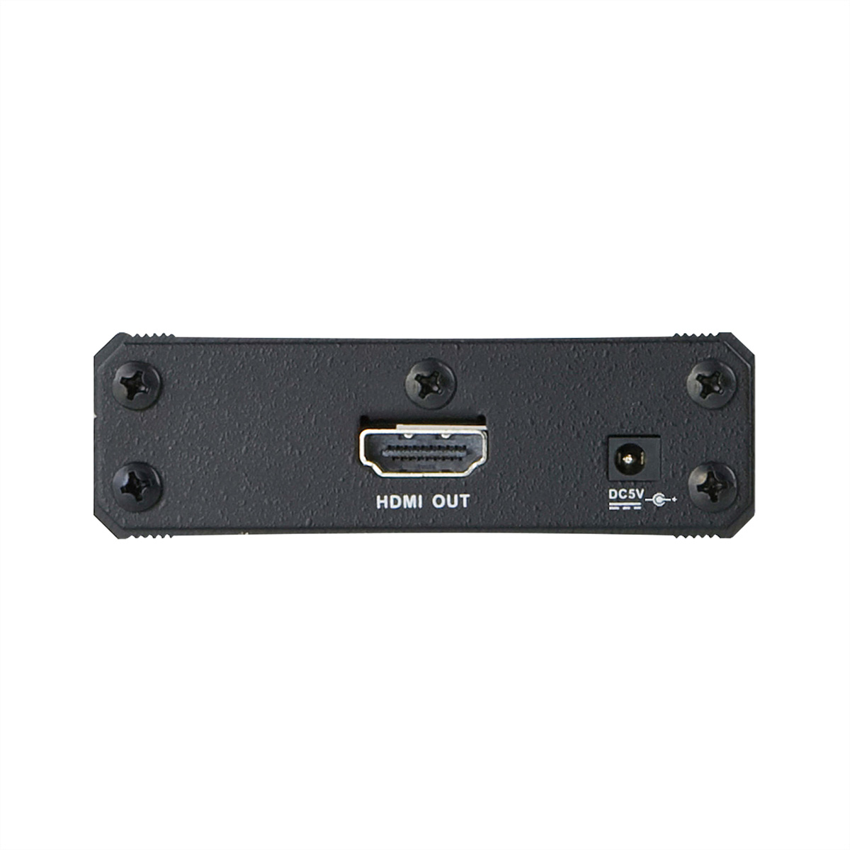 Black HDMI device with HDMI OUT port, DC5V port, and four screws.