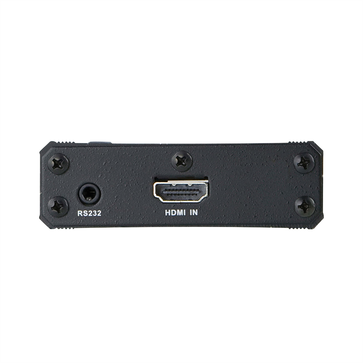 A black HDMI IN device with HDMI, RS232 ports and screw holes. The text is labeled.