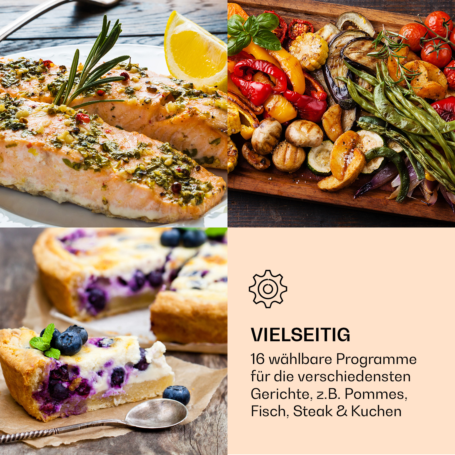 Eine Collage von Lebensmitteln, darunter Fisch, Gemüse und ein Dessert, mit deutschem Text.