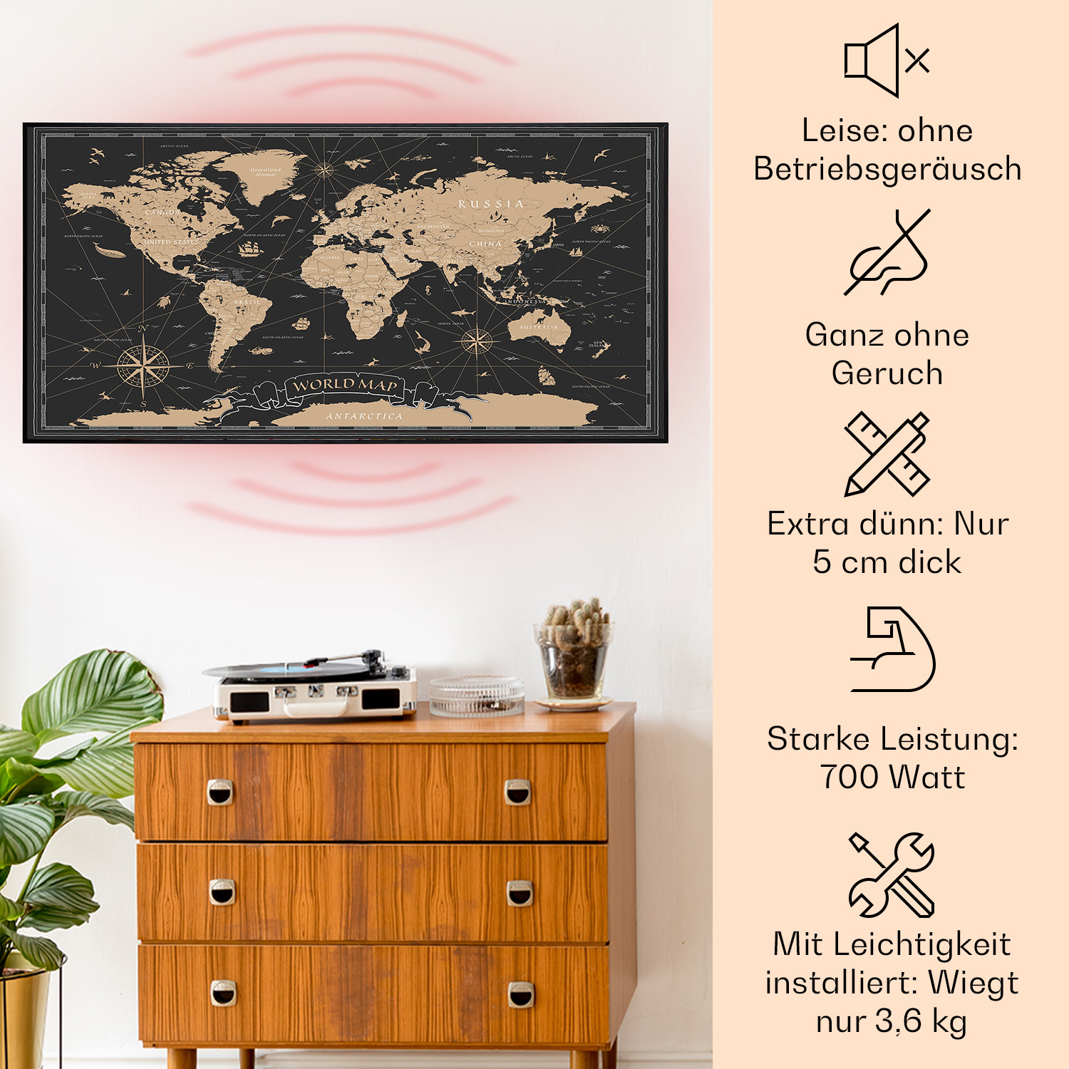Una mappa del mondo su un muro, con un giradischi, una pianta e una cassettiera in primo piano.