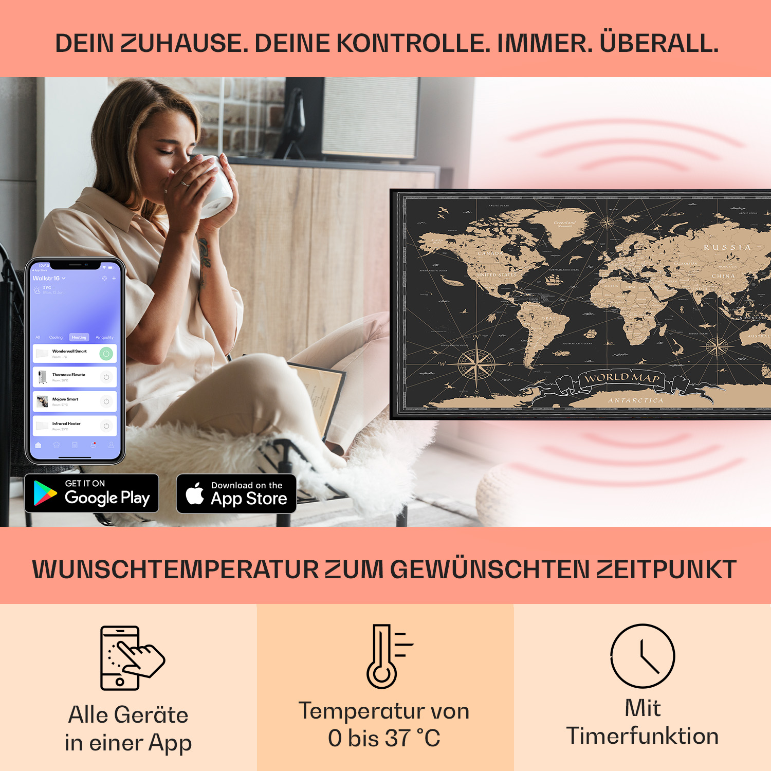 Donna che beve da una tazza, interagisce con app smart home, mappa del mondo.