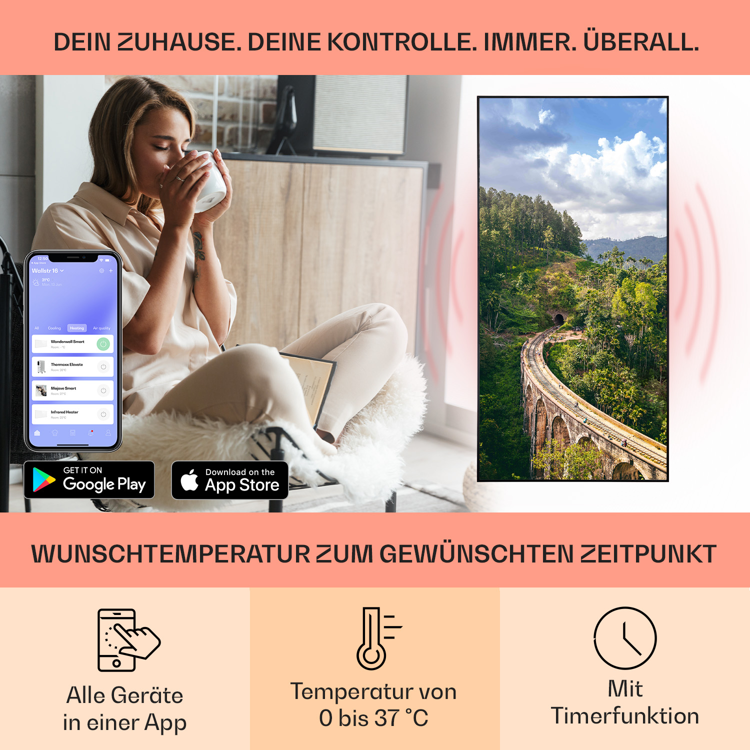Donna usa app sul telefono. Controlla funzioni casa intelligente, temperatura e timer.