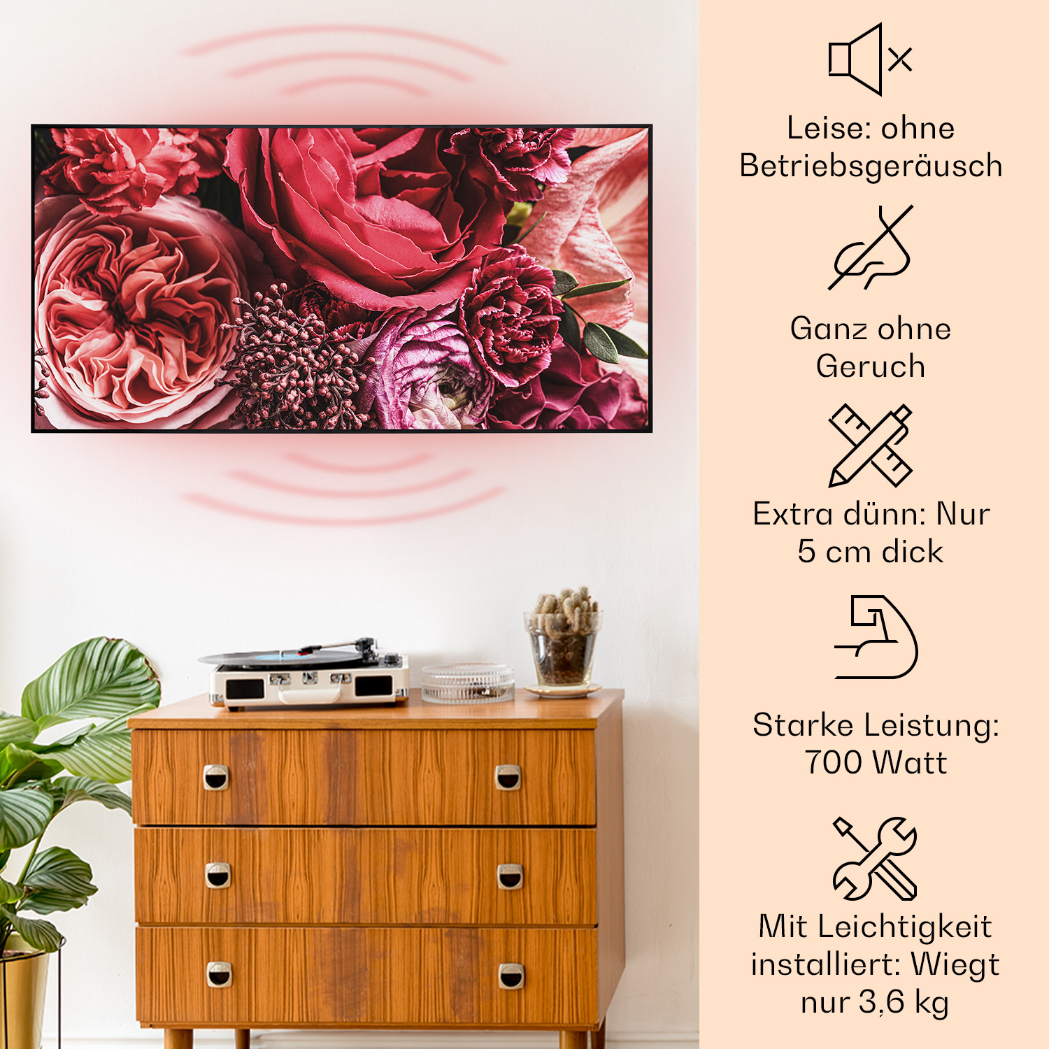 Una TV su un mobile in legno con fiori e testo sulle sue caratteristiche.