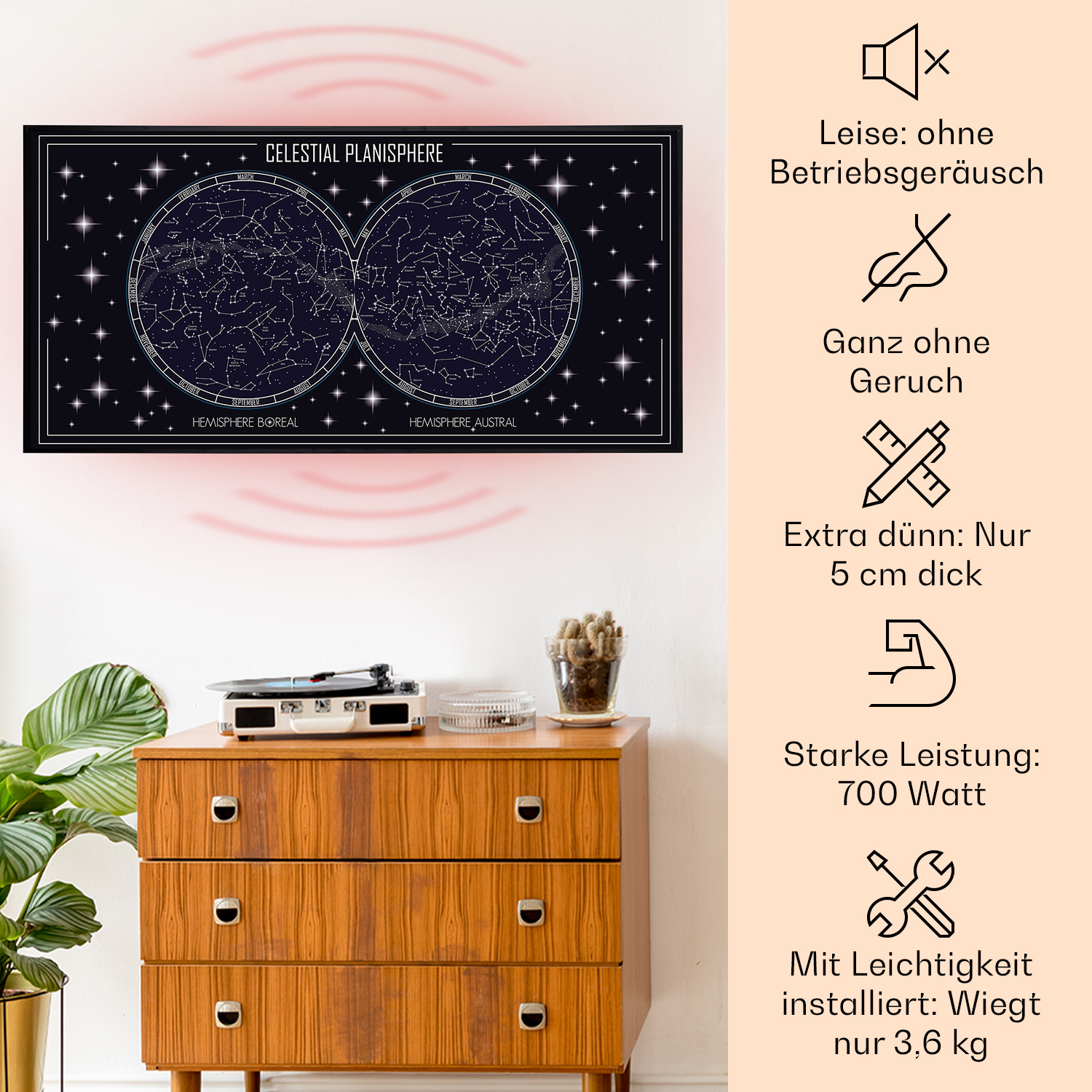 Raum mit Sternenhimmel-Grafik. Stereoanlage auf Holzschrank.