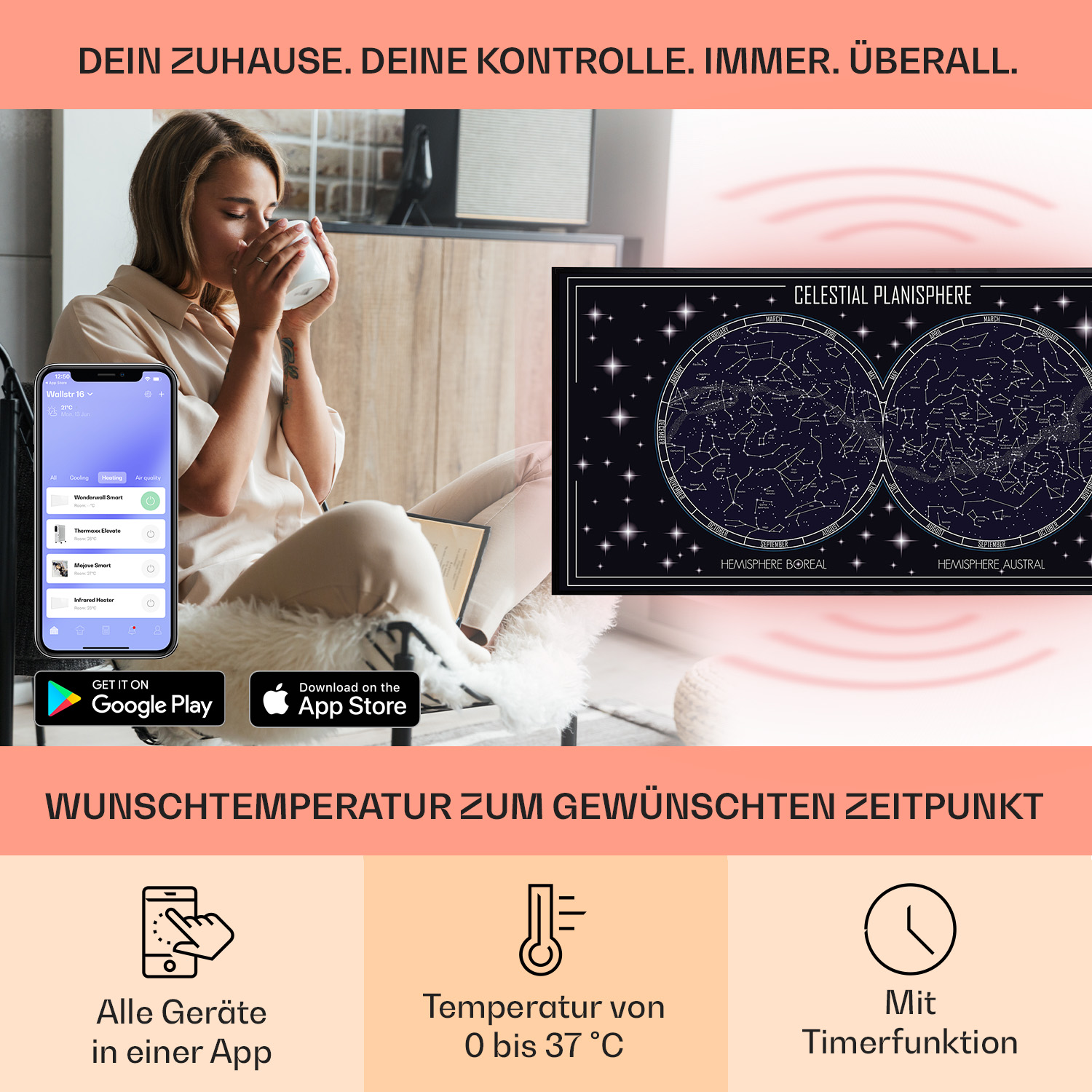 Frau trinkt aus Tasse, Telefon mit App, Sternenkarte, Text über Smart-Home-Steuerung.