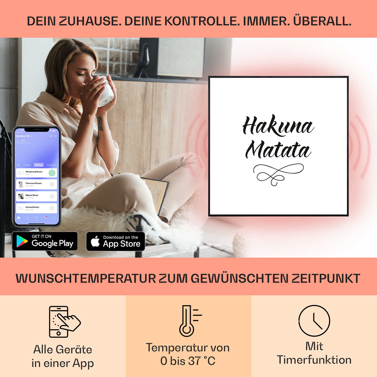 Frau benutzt Telefon, Text und App-Symbole auf dem Bildschirm.