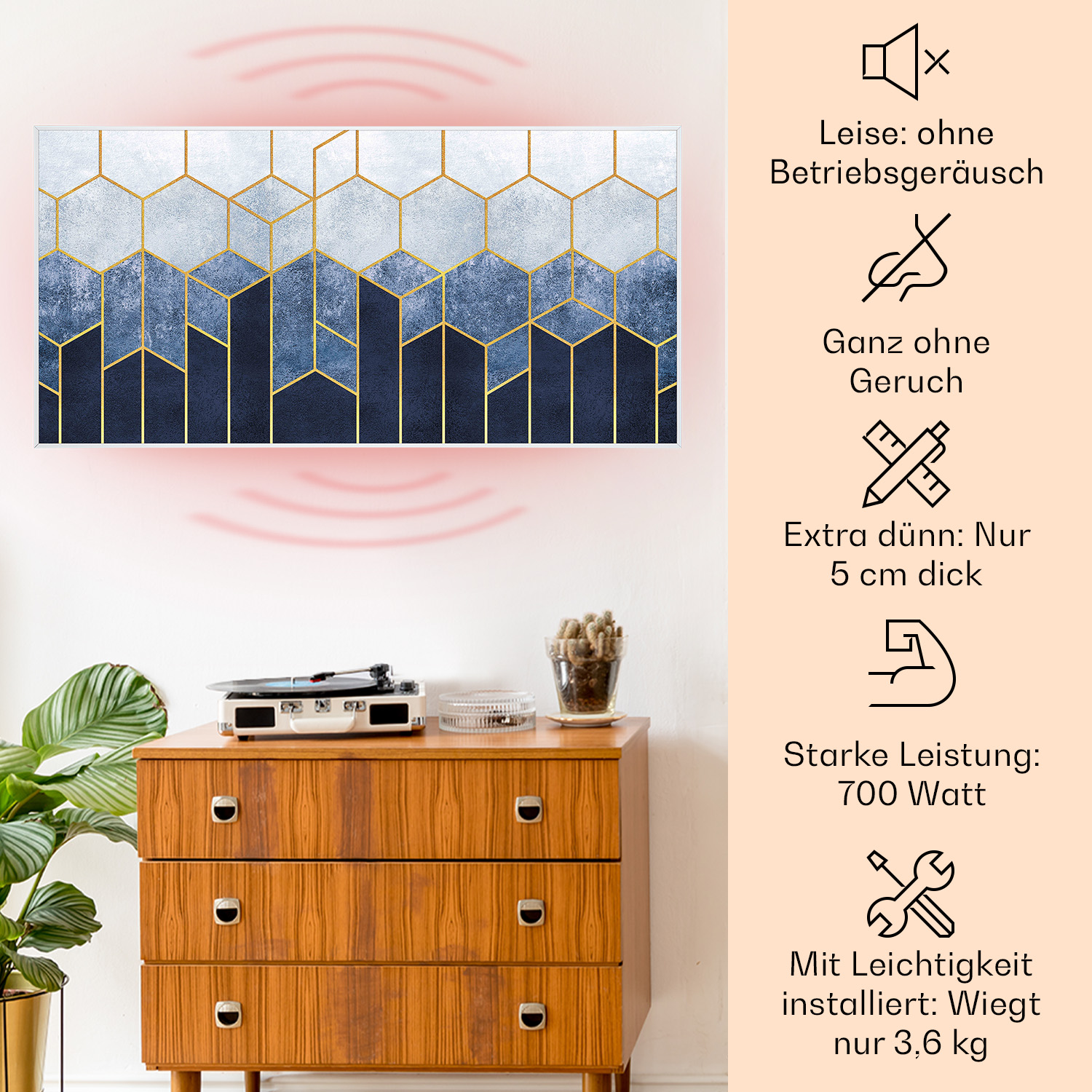 Panel de pared blanco grande con diseño geométrico, sobre cómoda y plantas.