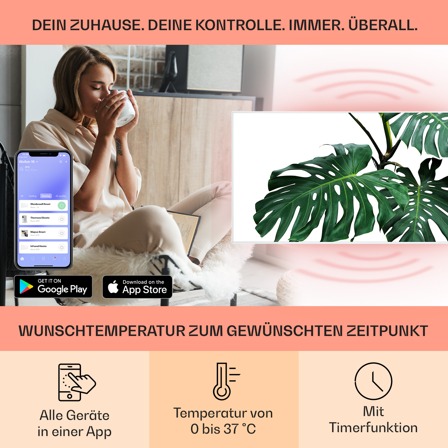Donna con tazza di caffè e telefono. Interfaccia dell'app visibile.