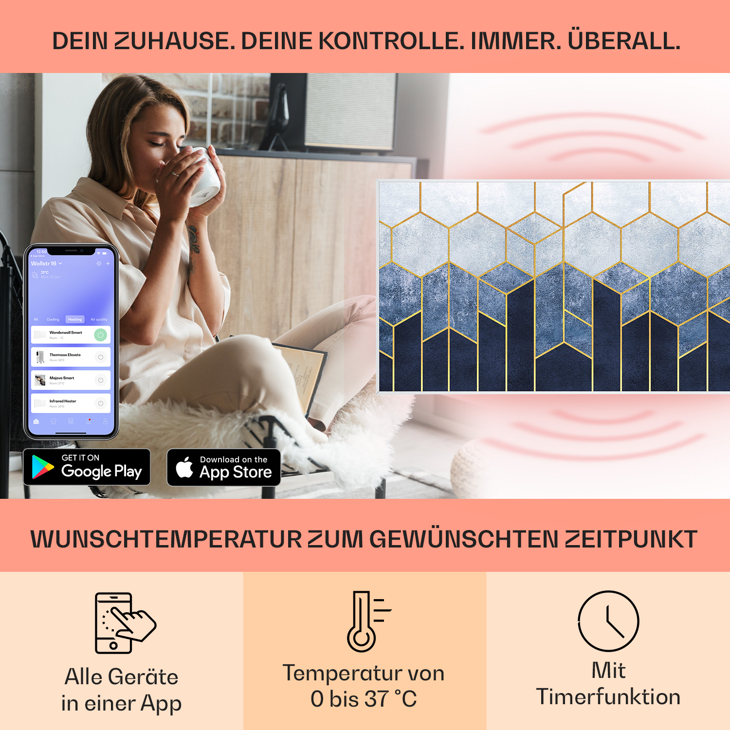 Mujer con taza, teléfono con app y pared con patrón geométrico azul y dorado.