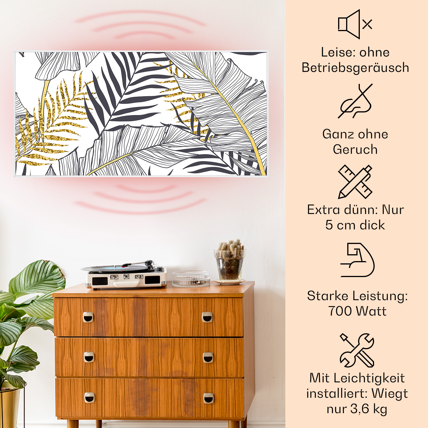 Arte murale botanica bianca e oro sopra una cassettiera in legno, con icone e testo.