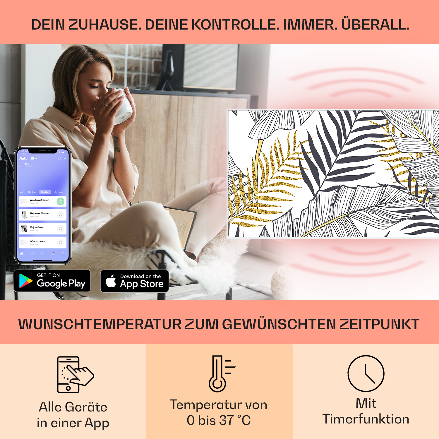 Donna con tazza, telefono con app e parete decorativa con foglie d'oro.