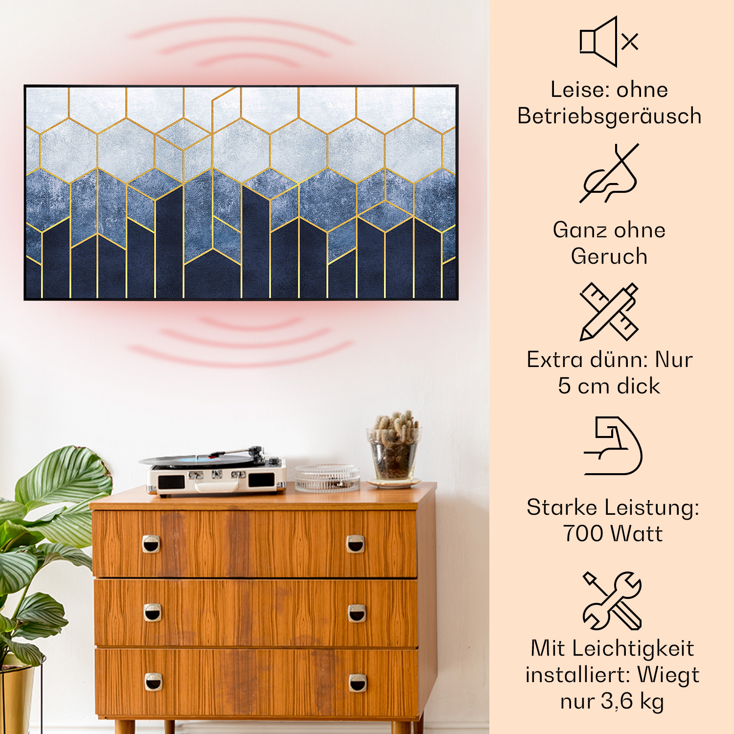 Una TV su un mobile in legno, con arte geometrica. Le icone descrivono suono, odore, spessore e potenza.