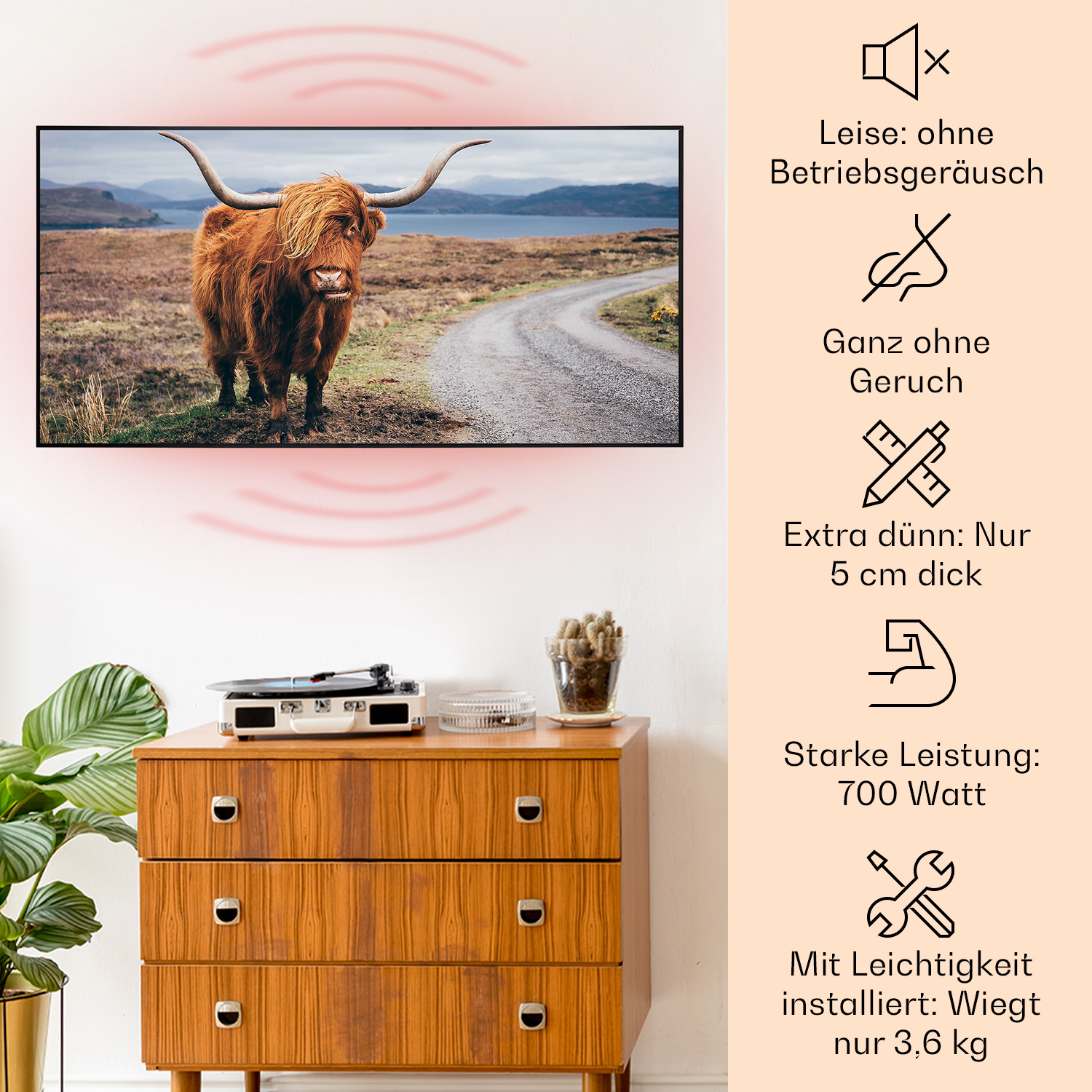 Una TV su un mobile in legno, un'immagine di una mucca delle Highlands e testo sulle funzionalità.