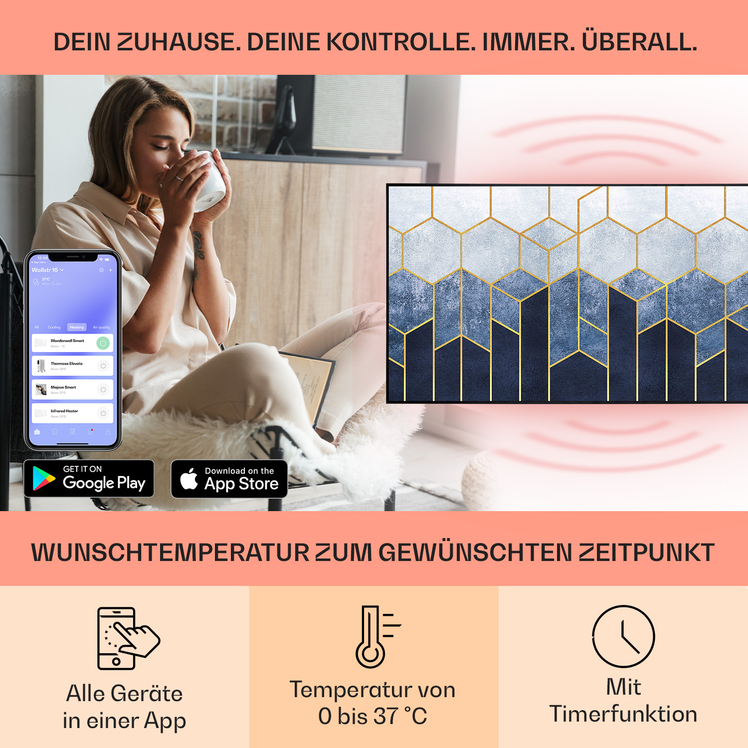Una donna usa un'app per la casa intelligente, con un'opera d'arte geometrica sullo sfondo.