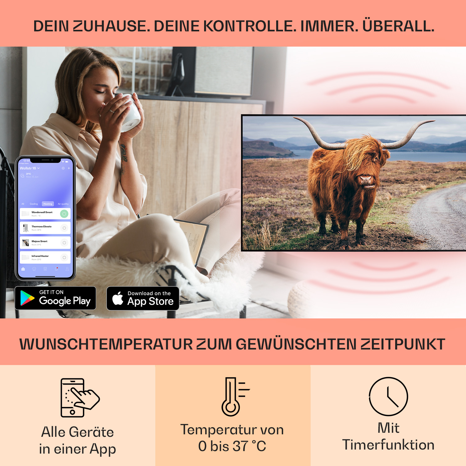 Donna che usa il telefono con l'interfaccia dell'app. Sfondo della mucca delle Highlands, testo: Dein Zuhause, Deine Kontrolle. Immer. Überall.