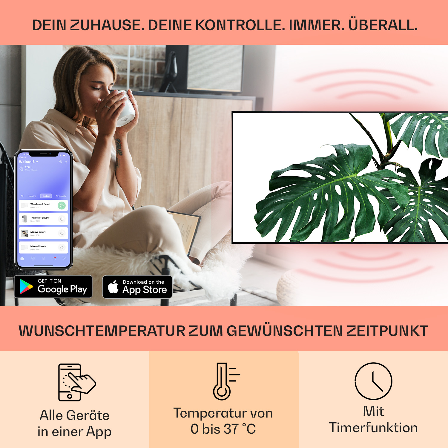 Donna che usa il telefono con app e beve caffè. Una pianta sullo sfondo.
