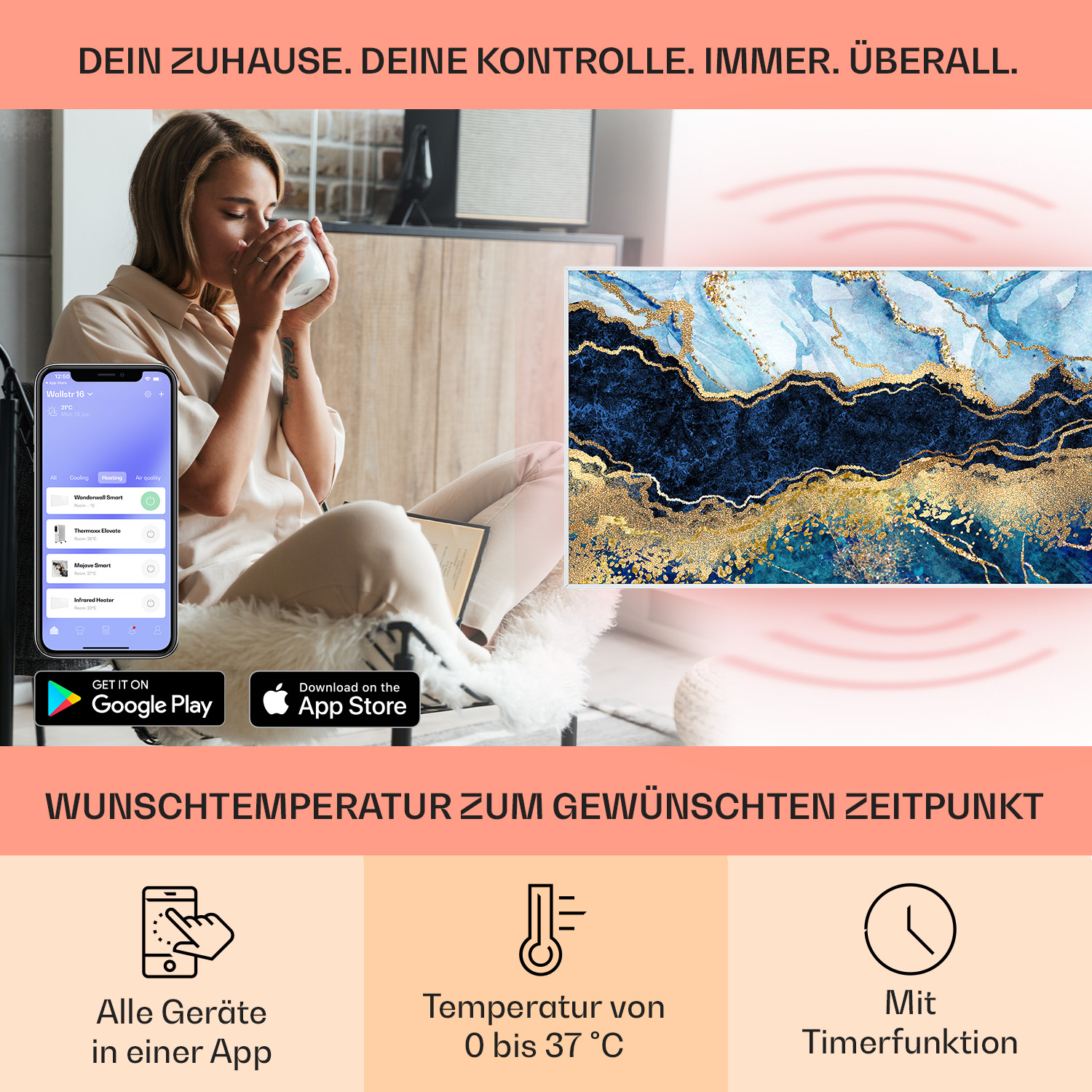 Eine Frau in einem Raum benutzt ein Smartphone, das mit einem Smart Home-System verbunden ist.