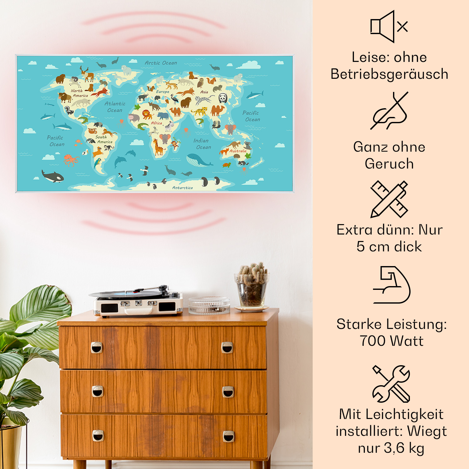 Weltkarte auf weißem Rahmen, auf einem Holzschrank. Text und Symbole. Brauner Schrank, weißer Hintergrund.