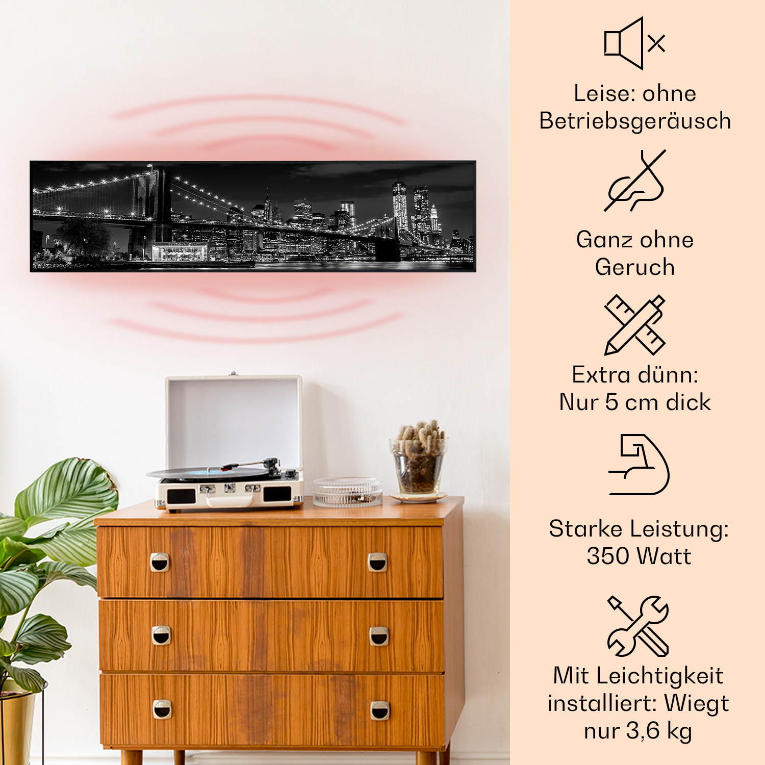 Ein Schwarz-Weiß-Panoramafoto einer Stadtlandschaft mit einem Plattenspieler und Symbolen, die Produktmerkmale zeigen.