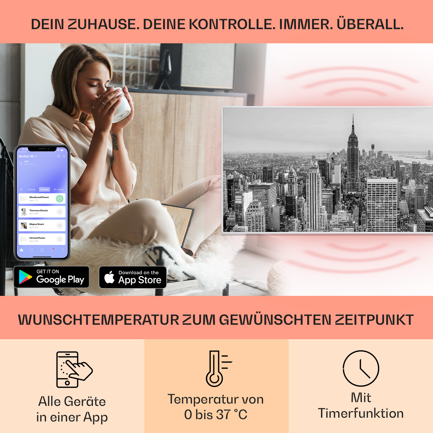Donna che beve caffè, controlla la casa con l'app, vista della città sullo sfondo.