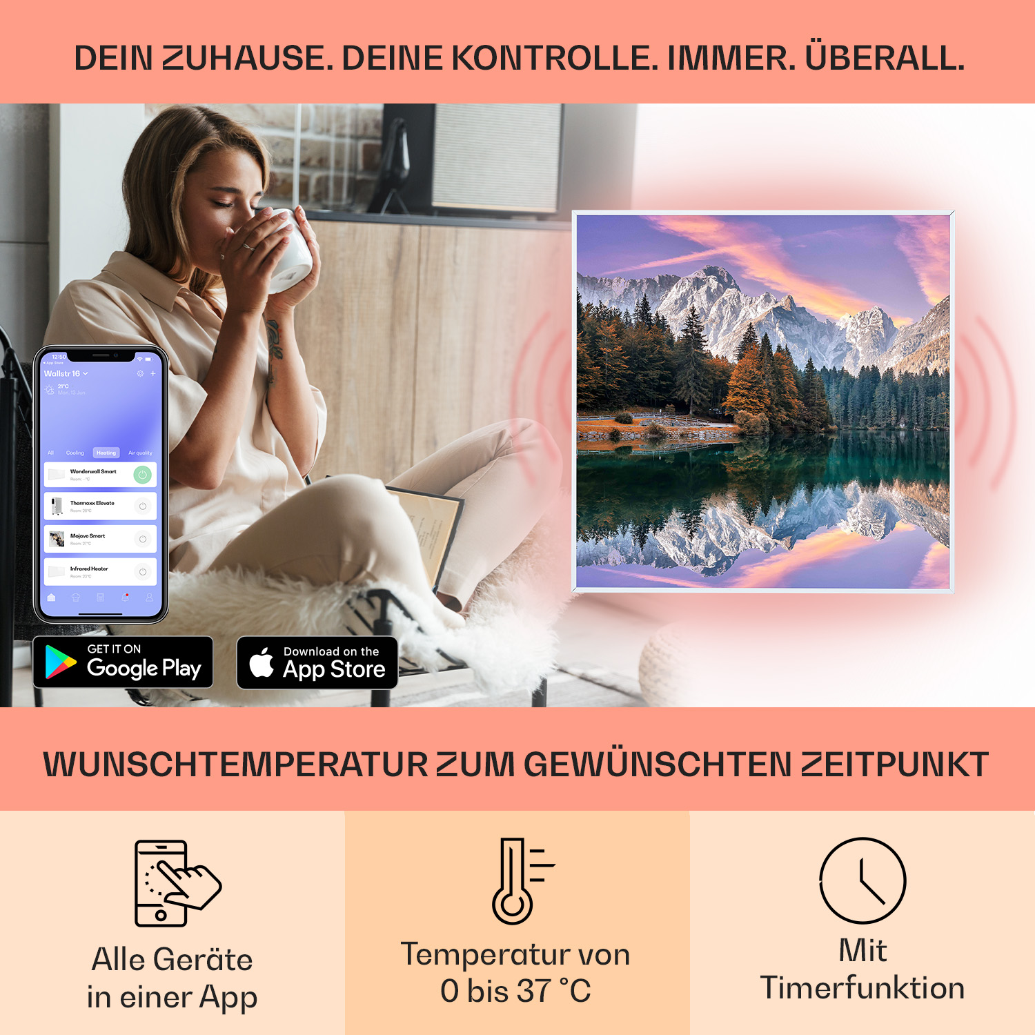Frau benutzt Telefon, mit App-Oberfläche. Neben einem Bild von einem See mit Bergen und mehreren Symbolen.