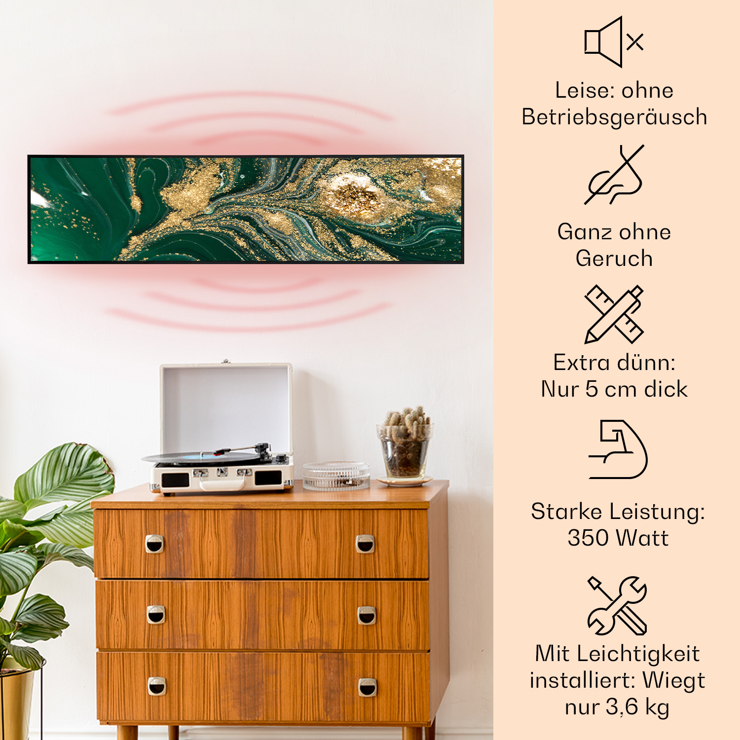 Plattenspieler auf Holzschrank. Grüne und goldene abstrakte Kunst. Merkmale: leise, geruchlos, dünn, stark, einfach.