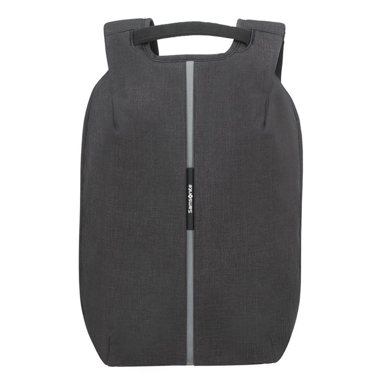 Ein dunkelgrauer Rucksack mit silbernem vertikalem Streifen. Mit Griff und Samsonite-Etikett.
