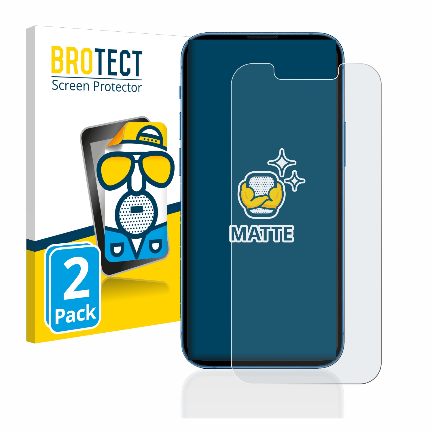Telefon und Displayschutzbox. Der Schutz ist auf dem Telefon. Die Box ist weiß und blau.