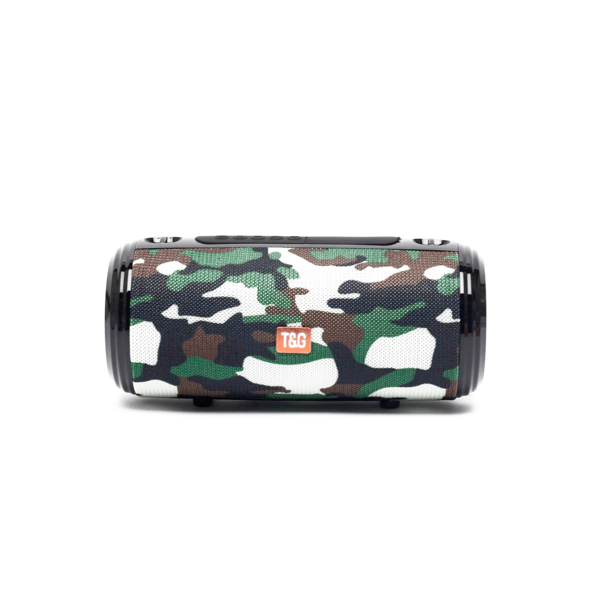 Altavoz de camuflaje con extremos negros sobre fondo blanco.
