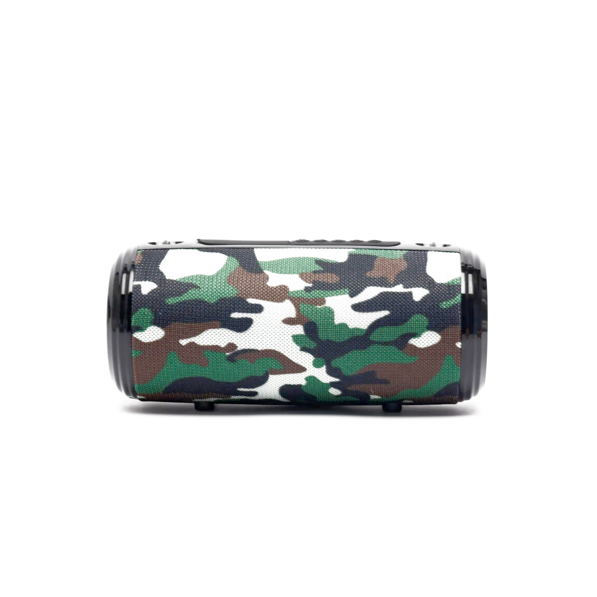Un pequeño altavoz de camuflaje, con marco oscuro, vista superior, aislado sobre blanco.