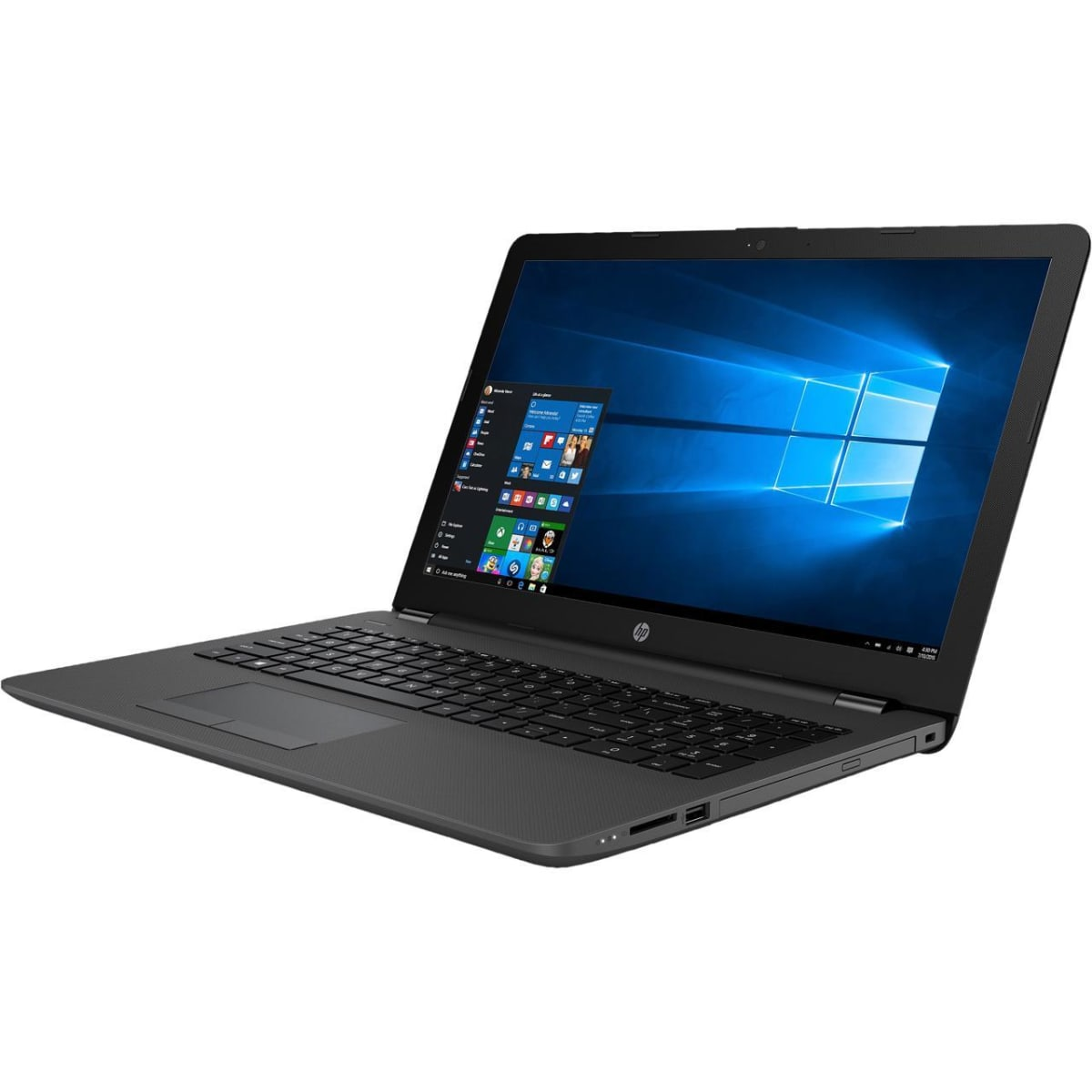 Schwarzer Laptop mit einem Bildschirm, der eine Windows-Oberfläche anzeigt, isoliert auf weißem Hintergrund.