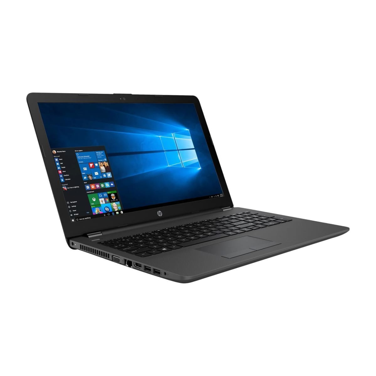 Ein schwarzer HP-Laptop ist auf weißem Hintergrund geöffnet. Der Bildschirm zeigt Windows 10.