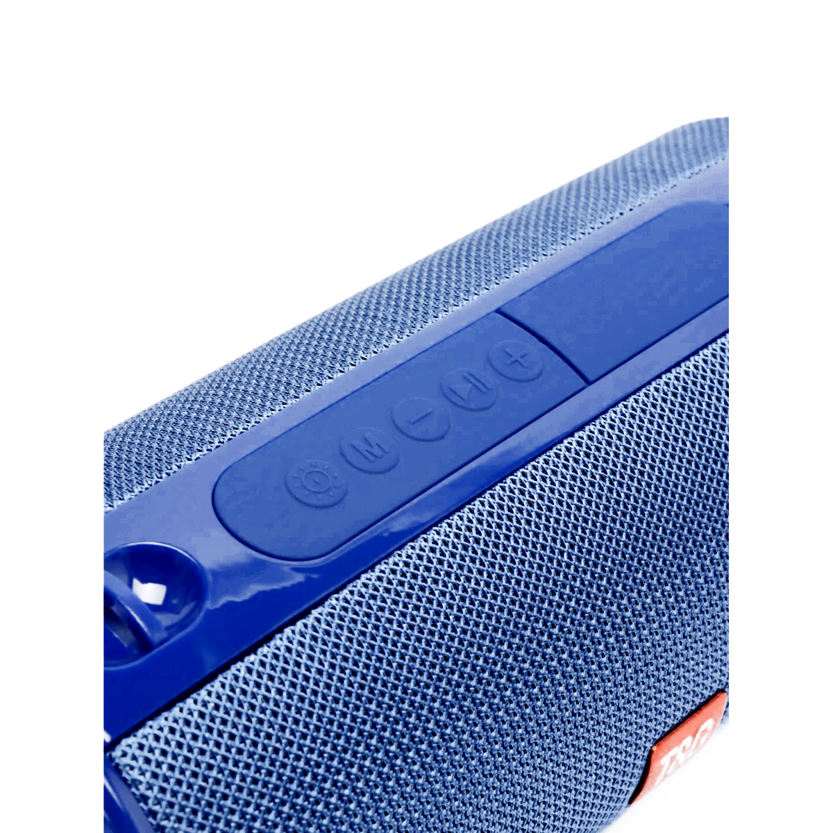Altavoz azul con botones de control. Tiene una textura de rejilla de malla.