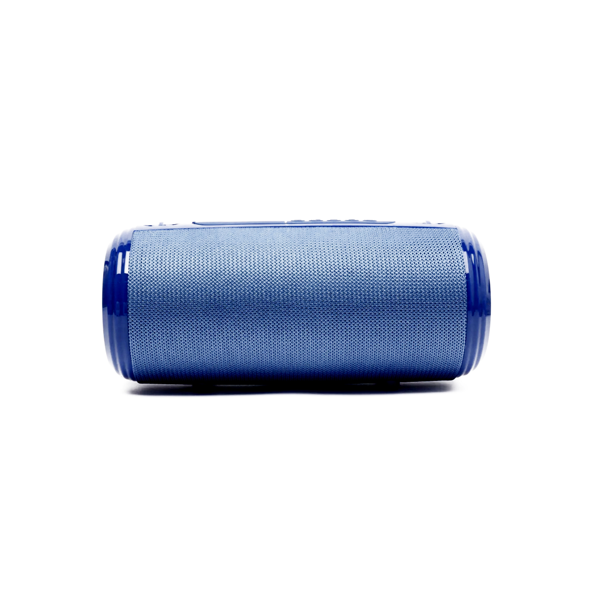 Un altavoz azul con una parte frontal de malla azul, forma cilíndrica.