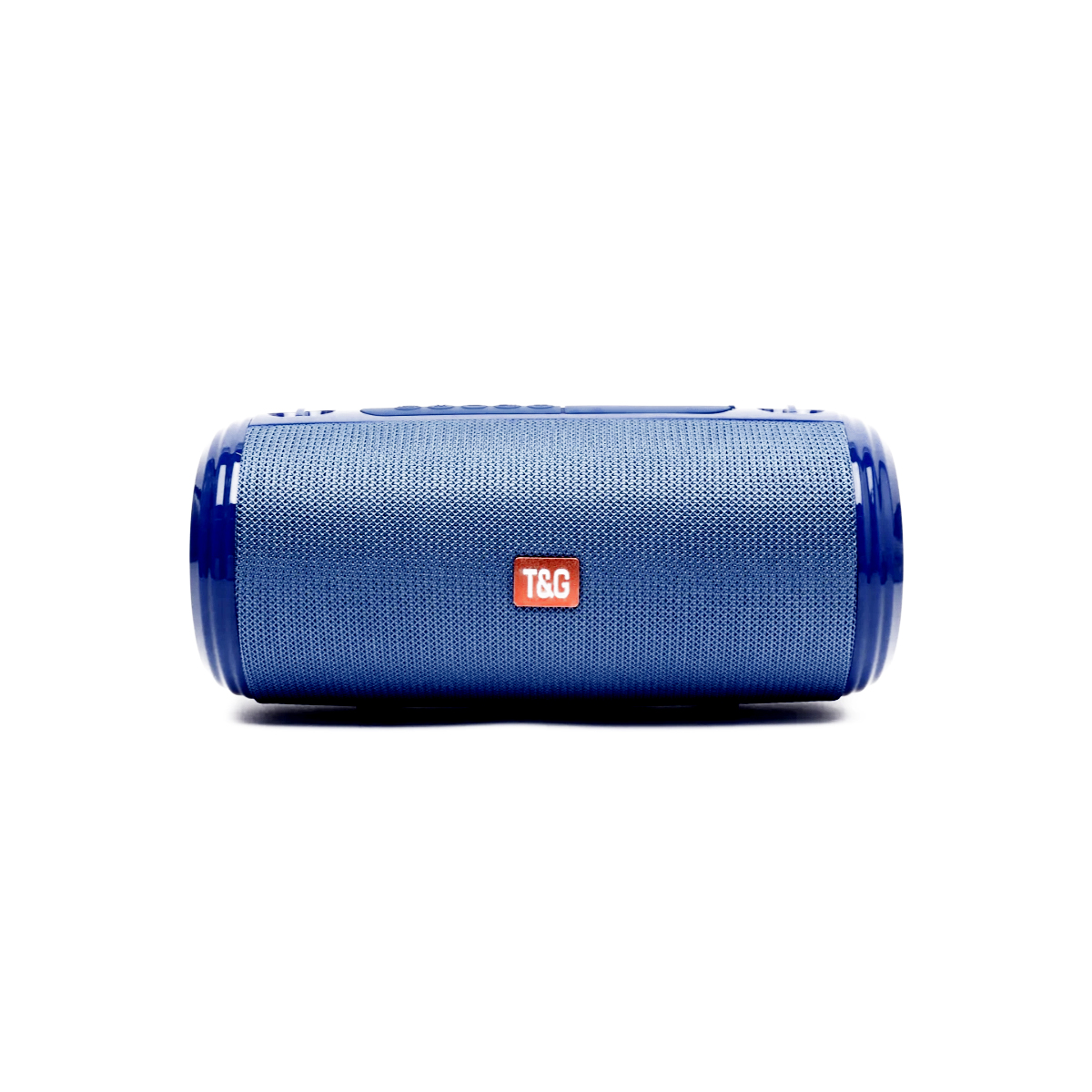 Altavoz azul y gris con el logotipo de T&G. Está sobre un fondo blanco.