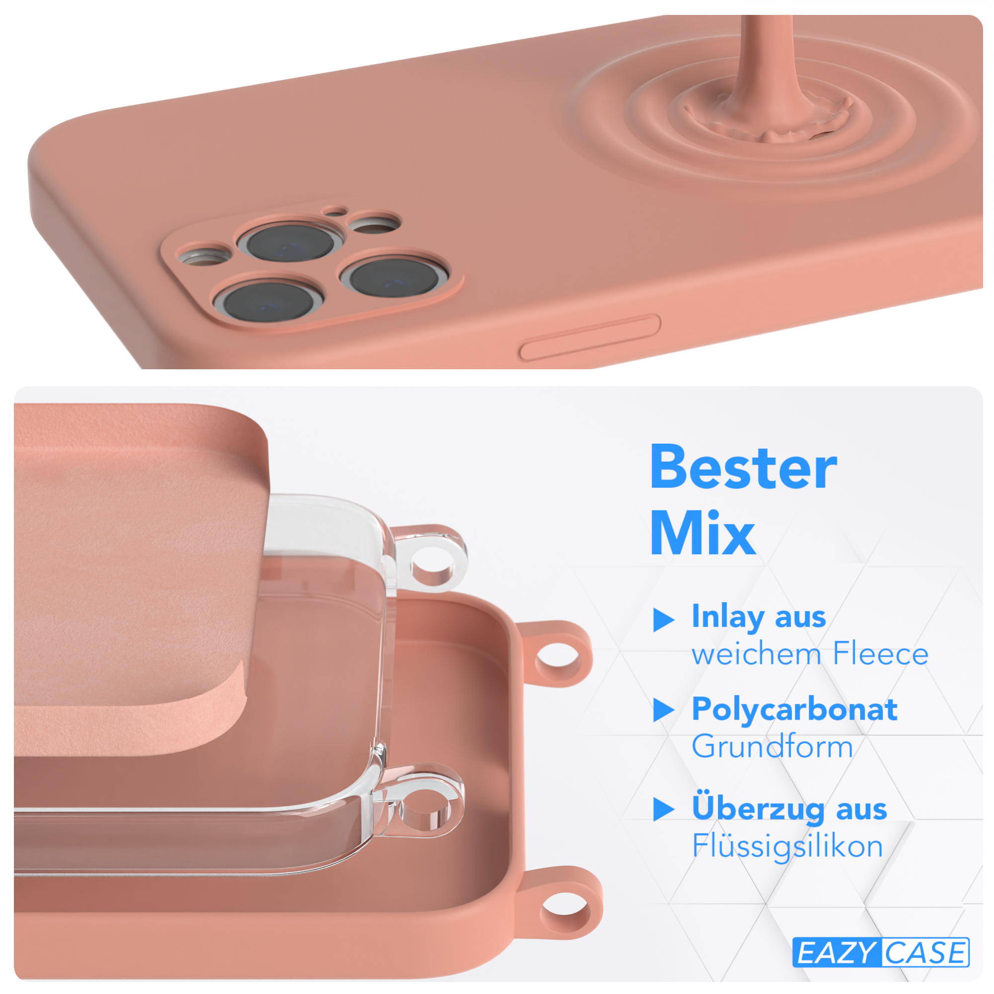 Nahaufnahme einer Handyhülle mit geschichtetem Design und Flüssigsilikon. Details gezeigt.