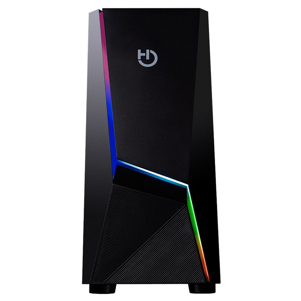 Torre de computadora negra con iluminación RGB. Cuenta con un panel frontal estilizado y el logotipo HD.