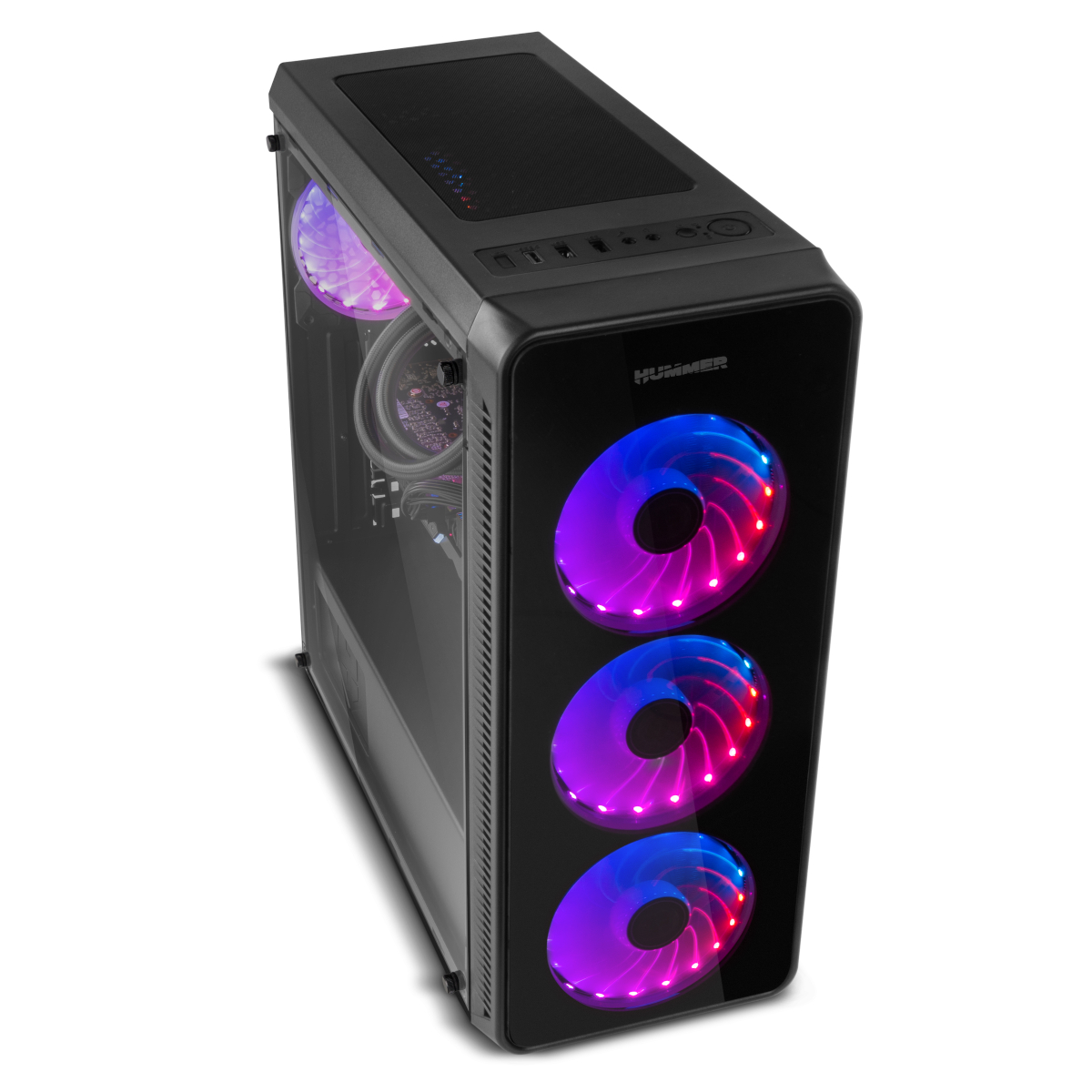 Caja de PC negra con tres ventiladores frontales con luces de colores.
