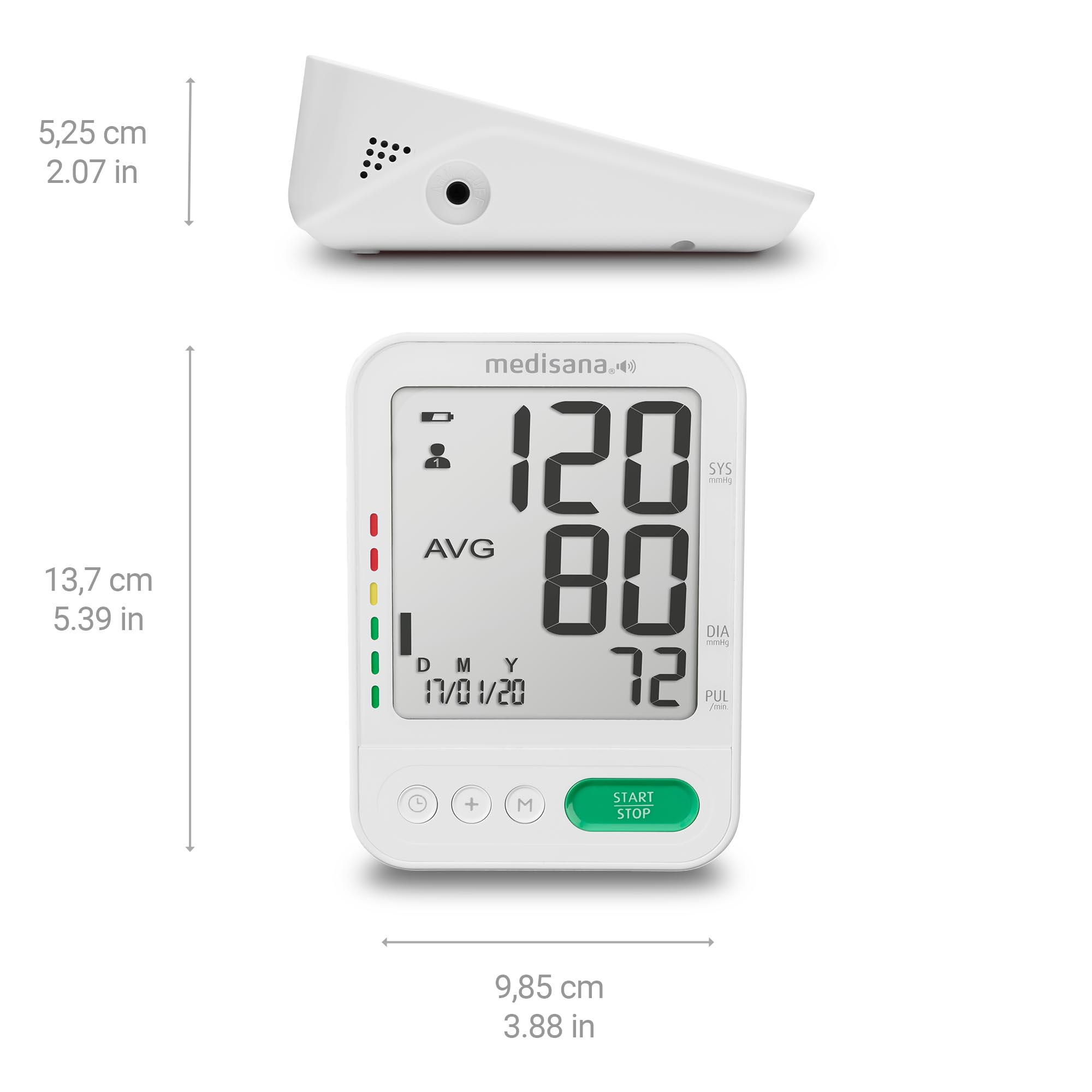 Biały ciśnieniomierz z wymiarami, na białym tle. Ekran wyświetla odczyty.