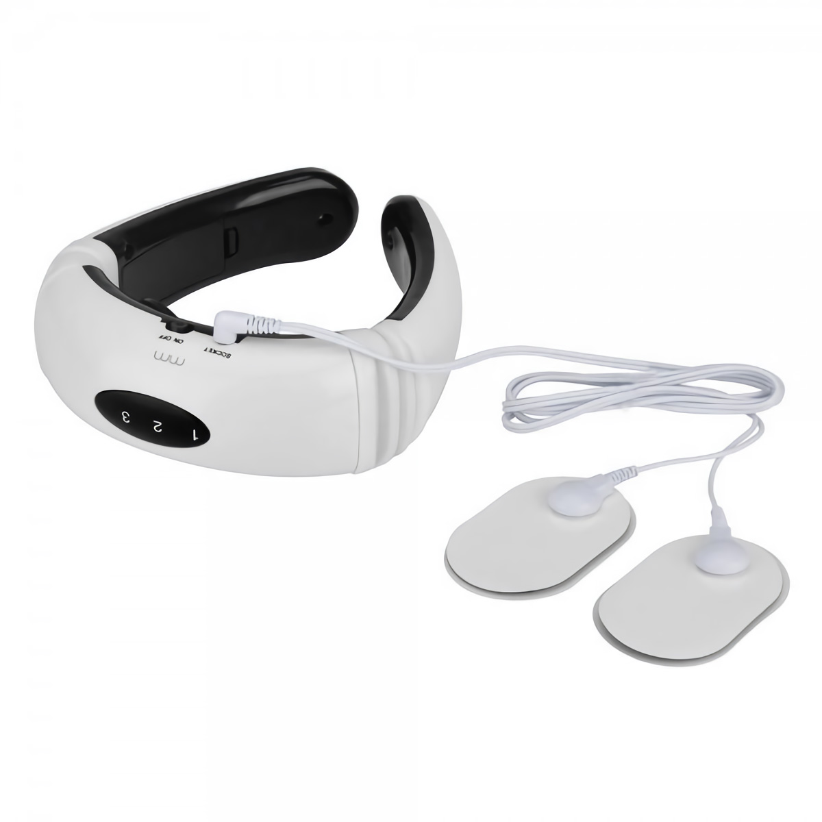 Masajeador de cuello blanco con dos almohadillas blancas conectadas por cable blanco.