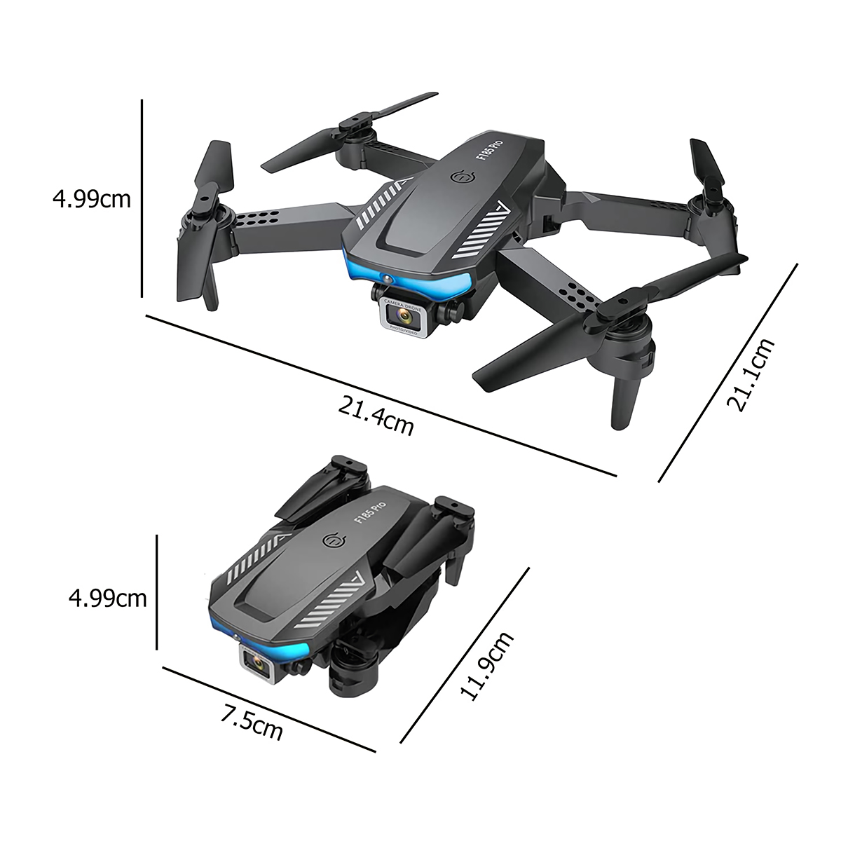 Dos drones, uno plegado, otro desplegado. Ambos son negros con dimensiones etiquetadas.