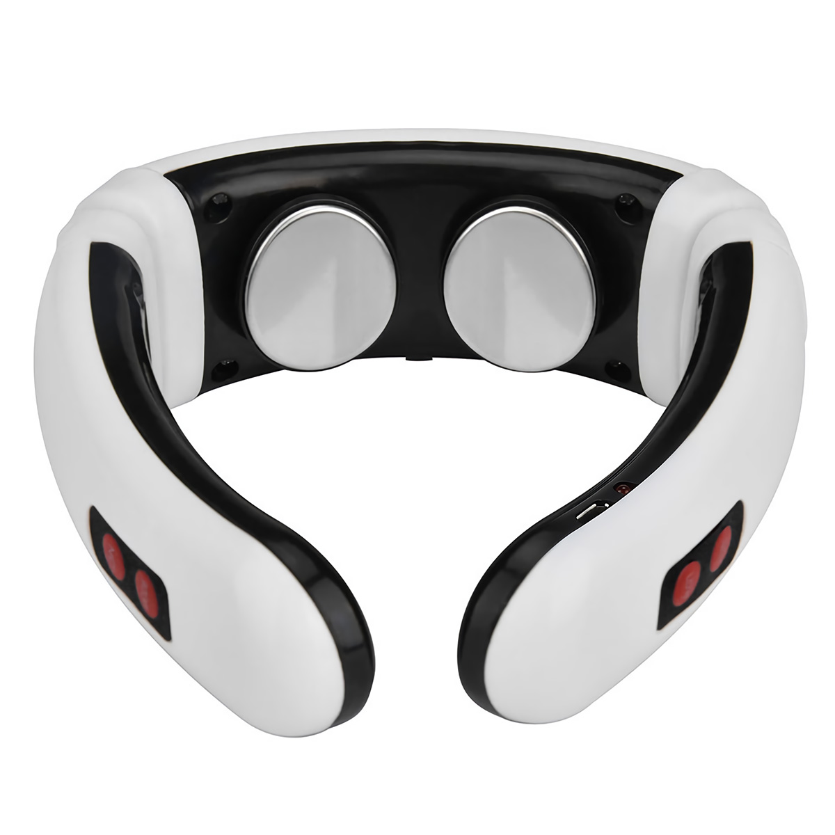 Un masajeador de cuello blanco y negro con dos cabezales de masaje plateados y botones de control rojos.