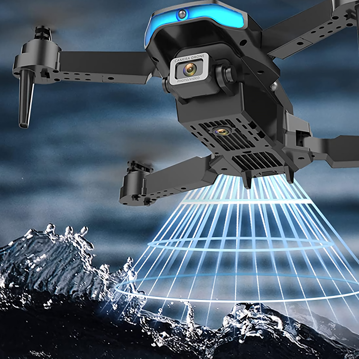 Dron negro con cámara, luz azul y haces de luz.