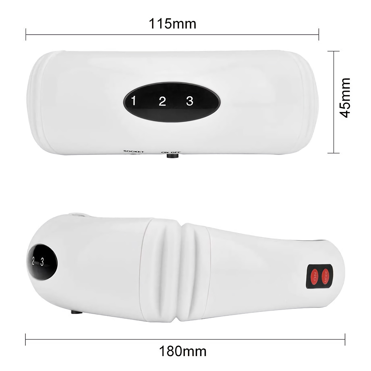 Objeto blanco, con tres botones etiquetados 1, 2 y 3. Tiene unas dimensiones de 115 mm y 45 mm. Fondo blanco.