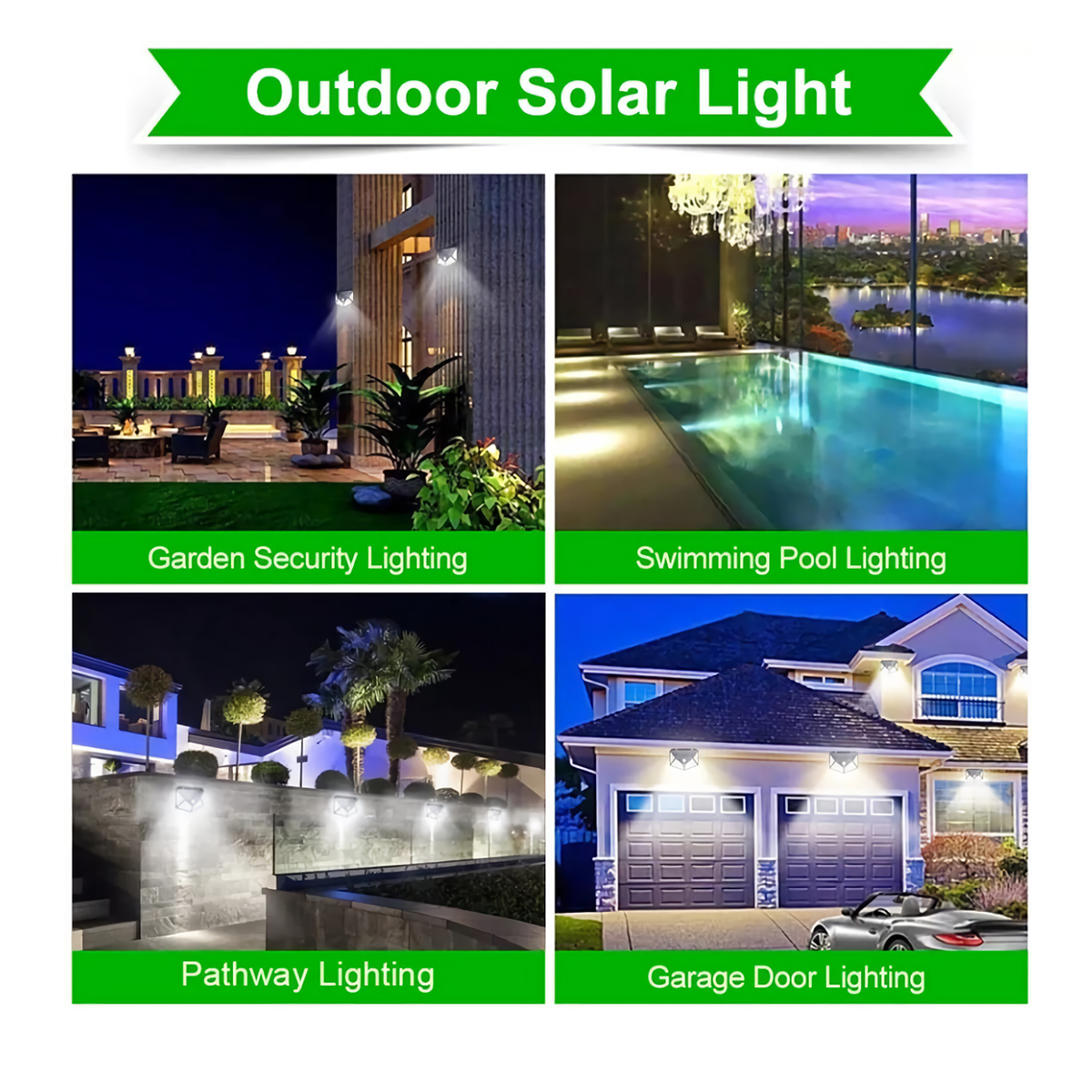 Collage mostrando luces solares exteriores en jardines, piscinas, senderos y garajes.