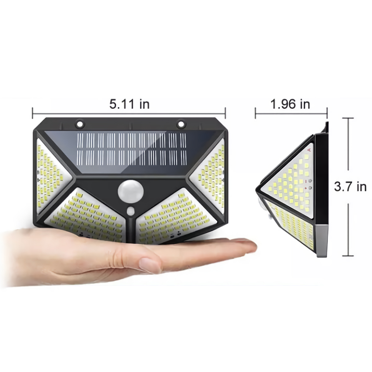 Luz exterior con energía solar con dimensiones mostradas, sostenida en una mano.