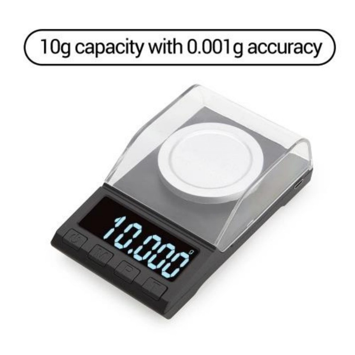 Czarna waga cyfrowa. Wyświetlacz pokazuje 10.000g. Biała powierzchnia. Białe tło.