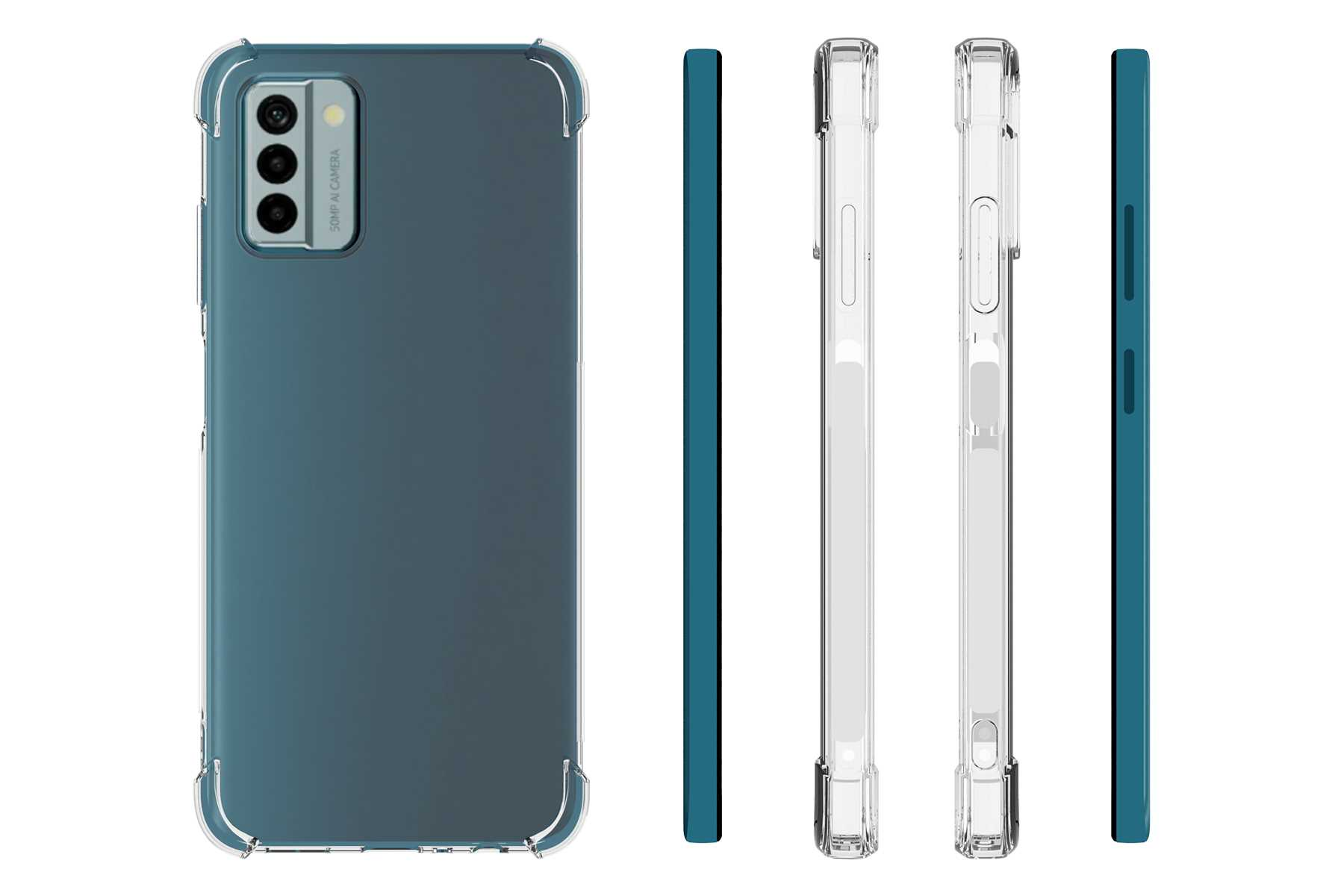 Smartphone-Hülle mit klaren Kanten und dunkelblauem Rücken. Zeigt Telefonkamera und Einschaltknöpfe.