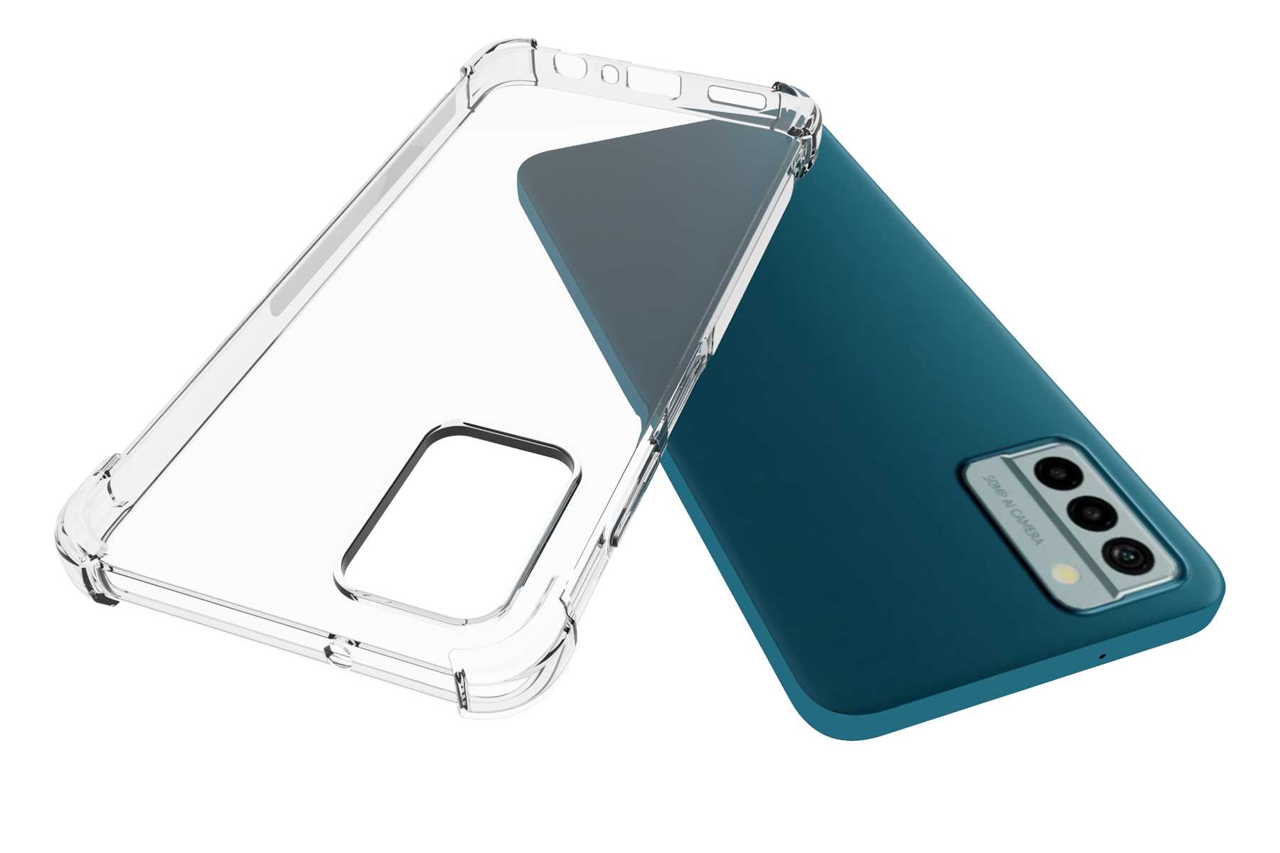 Telefon mit klarer Schutzhülle und blauem Rücken. Die Hülle ist transparent.