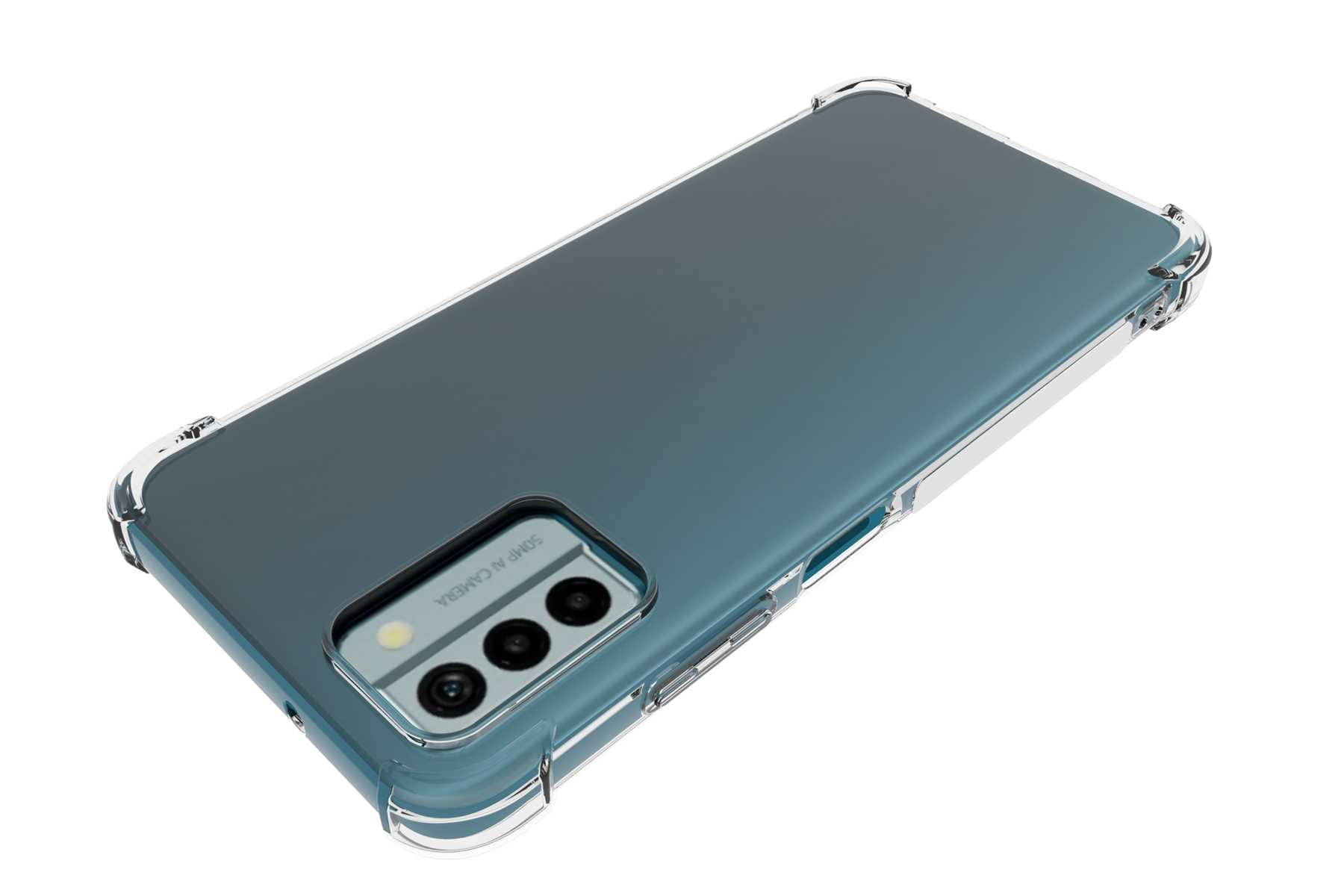 Telefon mit klarer Schutzhülle, Draufsicht, zeigt Kamera und Rückseite.